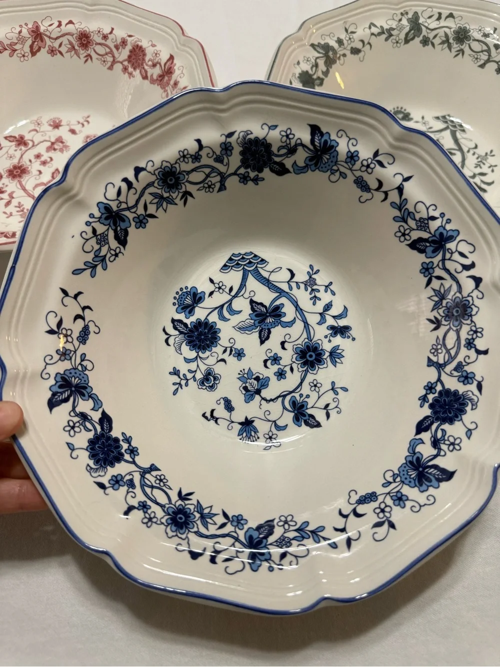 Floral Ceramic Serving Bowls Set - Blue, Red, Green/Gray